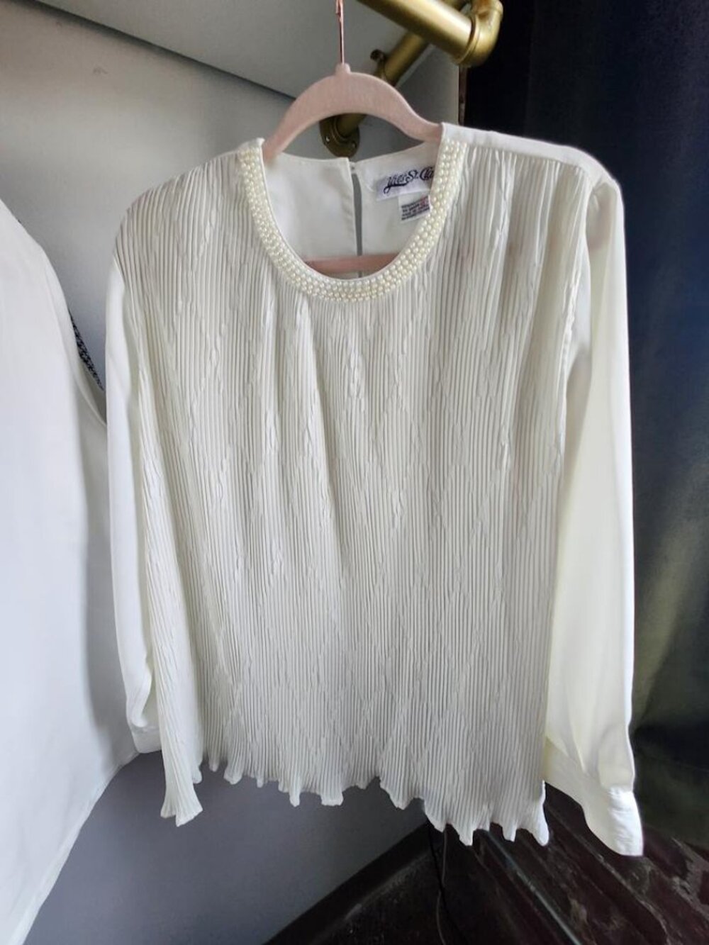 Vintage Yves St. Clair Womens White Pleated Beaded Long Sleeve Blouse Like new!